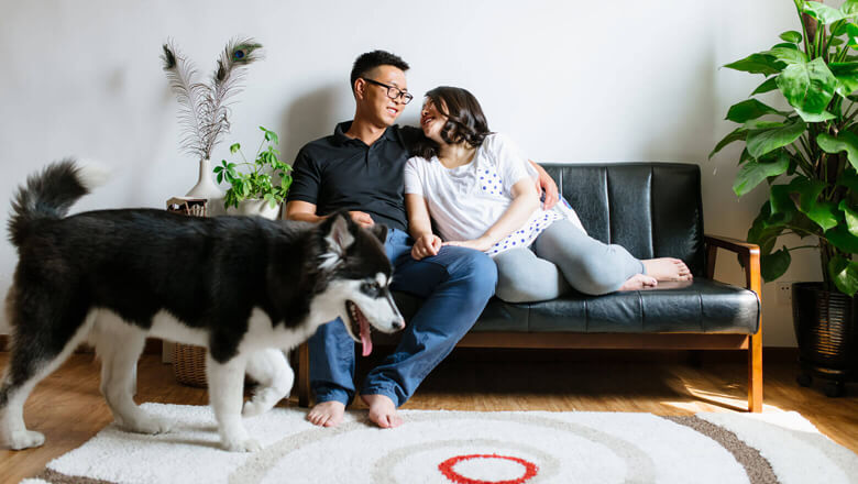 couple in living room with their dog