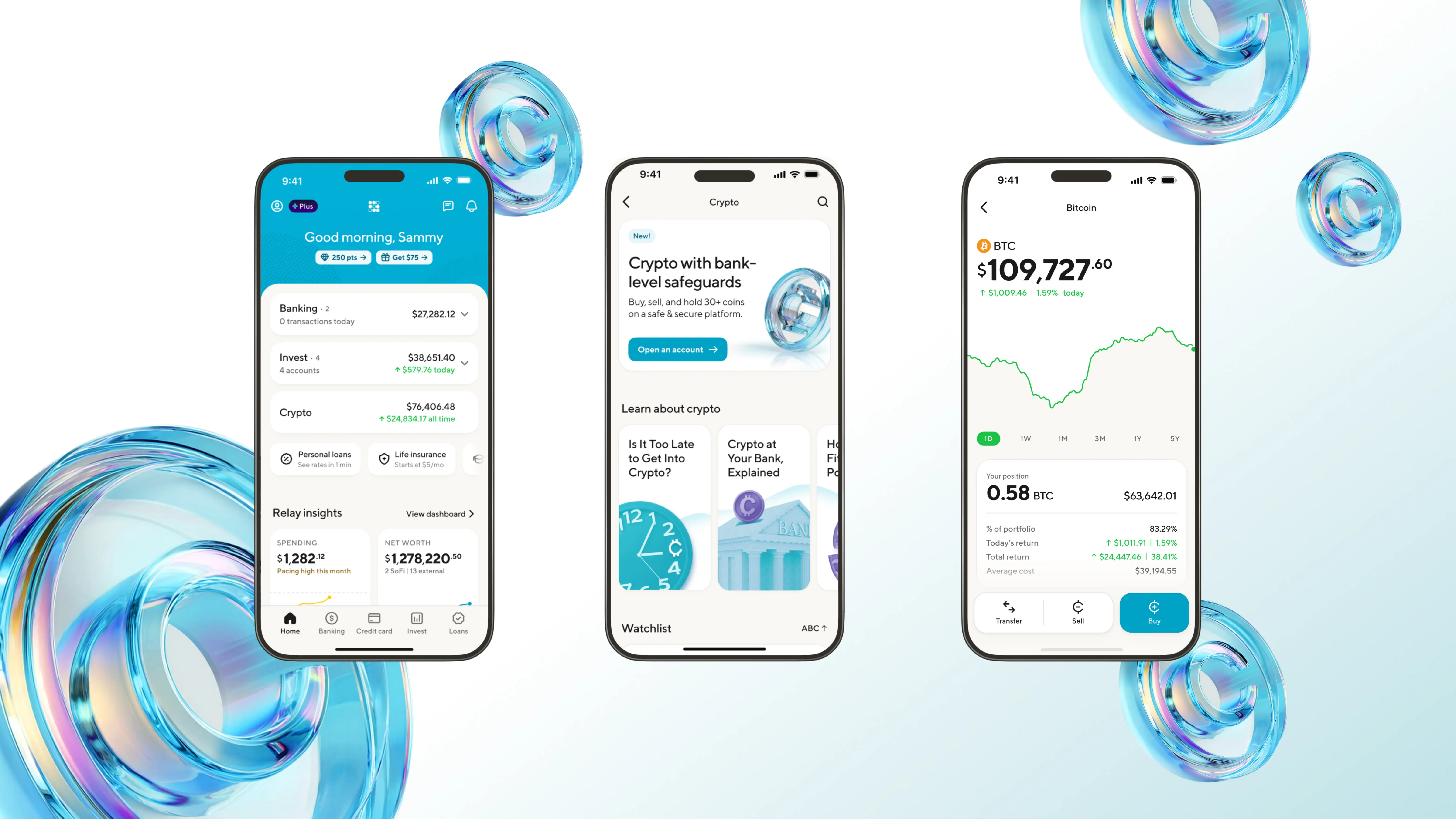 Three phone screens display a banking app interface with crypto investment tracking and a Bitcoin price chart.
