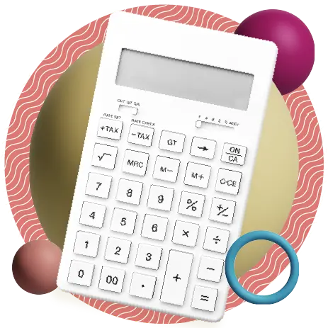 A calculator surrounded by colorful shapes