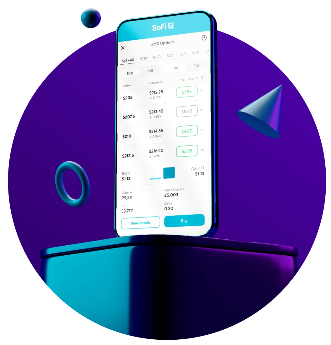 SoFi mobile app interface showing real-time options trading chain and stock market data on a smartphone screen.