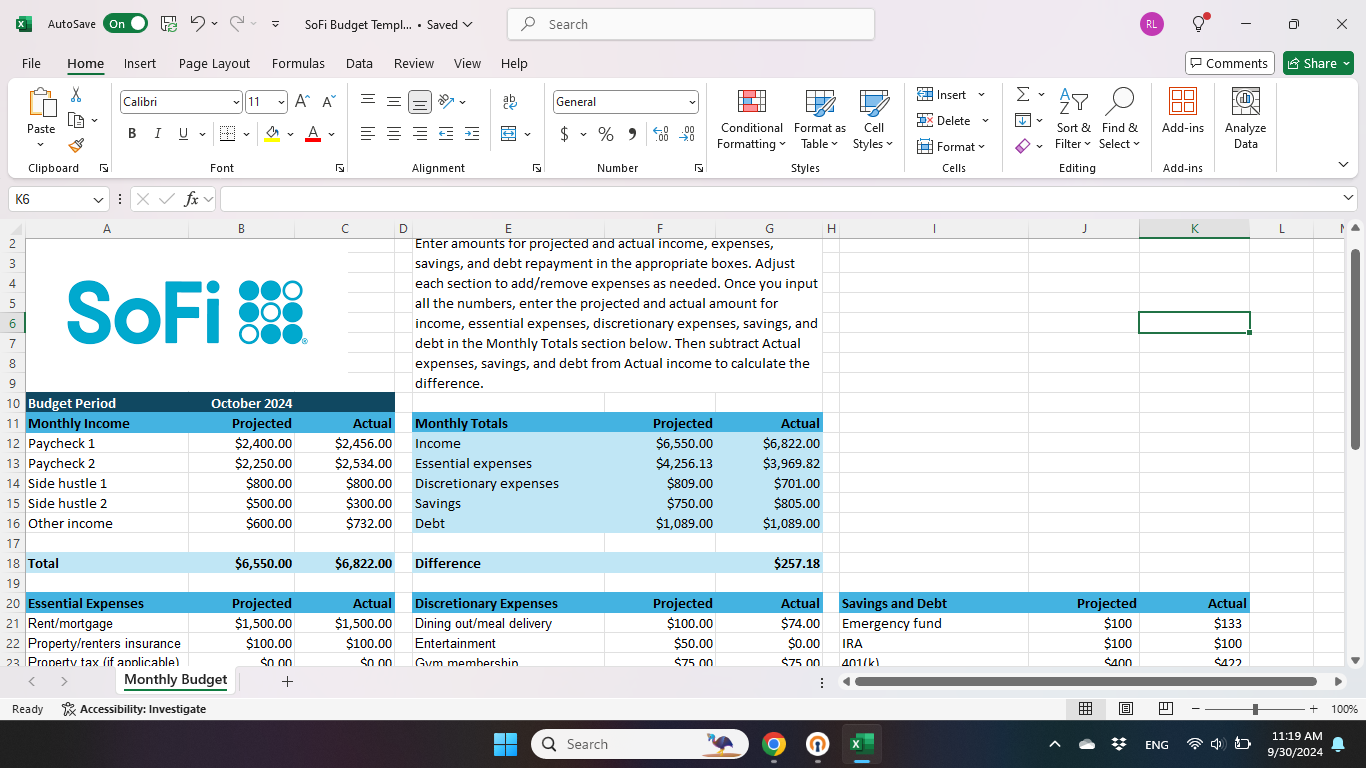 Screenshot of SoFi Free Budget Template