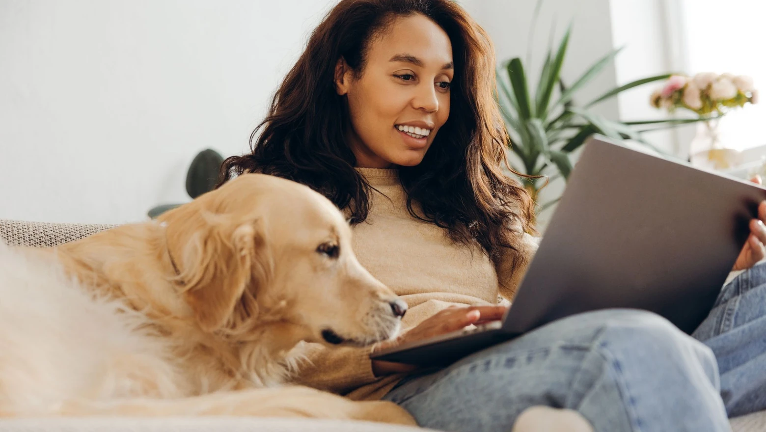 A woman sitting on a sofa with her dog and using her laptop to research SoFi Credit Card vs. Wells Fargo Active Cash Card.