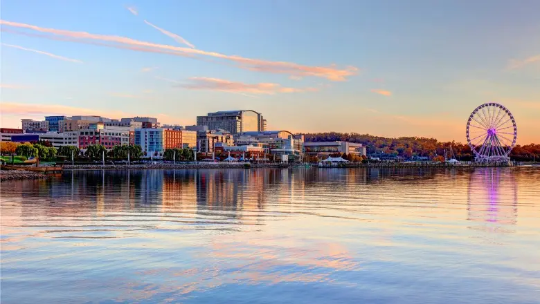 A panoramic shot of the National Harbor waterfront in Maryland at sunset, with the Capital Wheel illuminated on the right.